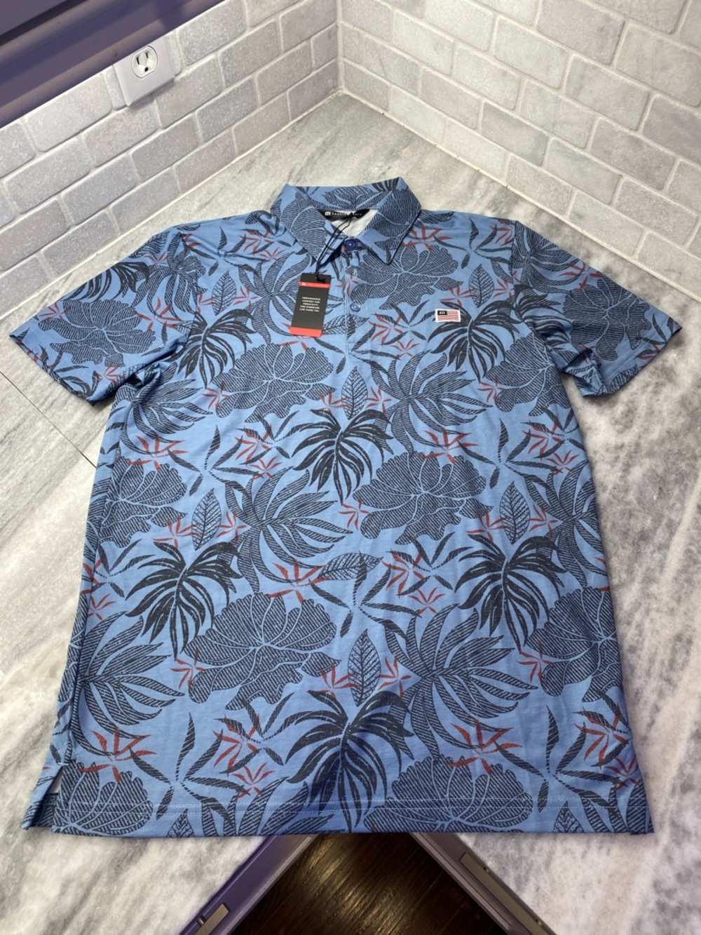 Travis Mathew Blue Tropical Leaf Print Polo